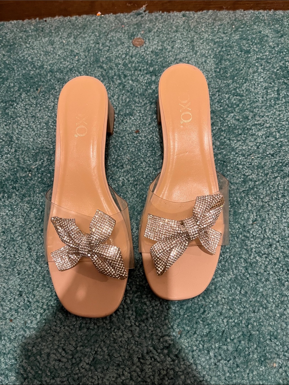 XOXO Nude Slide Mules with Crystal Bow Accent